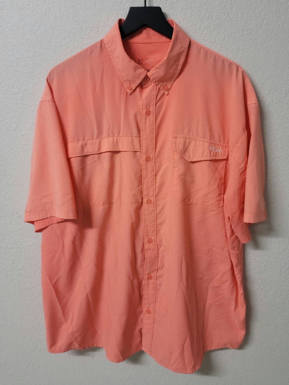 Huk Vented Short Sleeve Coral Pink Button Down Shirt Men's 2XL